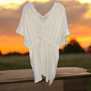 Women’s Loft Cover up White Striped V-Neck Dress size large‎